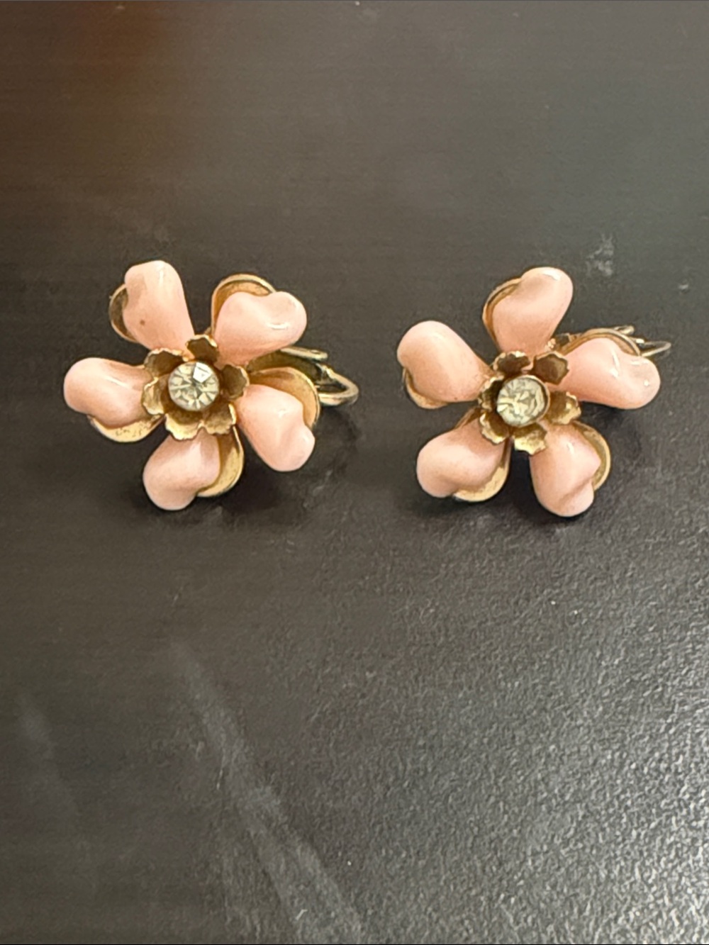 Coro Pink Enamel Flower Clip-On Earrings with Crystal Centers